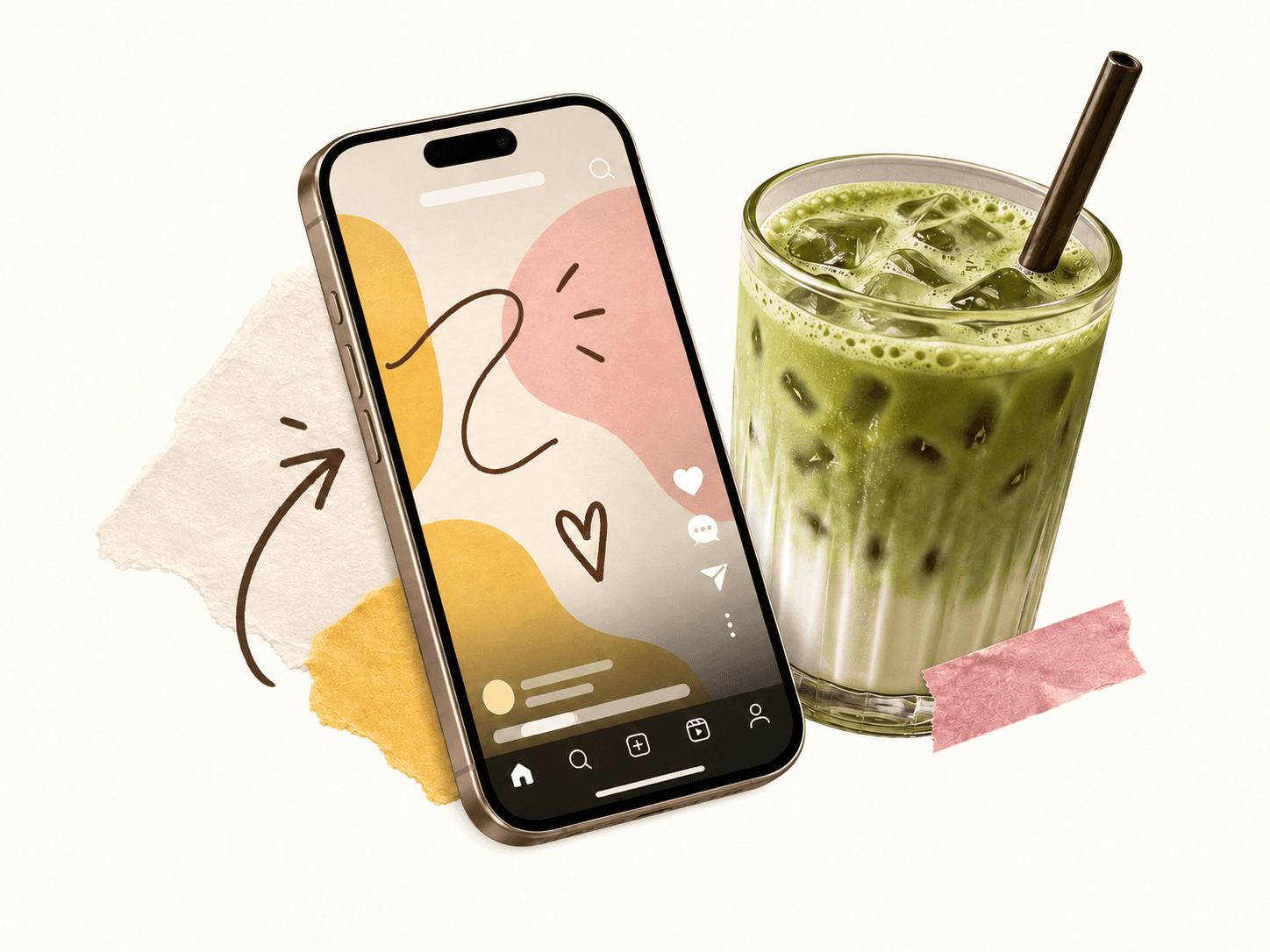Un téléphone présentant un contenu social aux couleurs de Clemberries, accompagné d’un matcha glacé