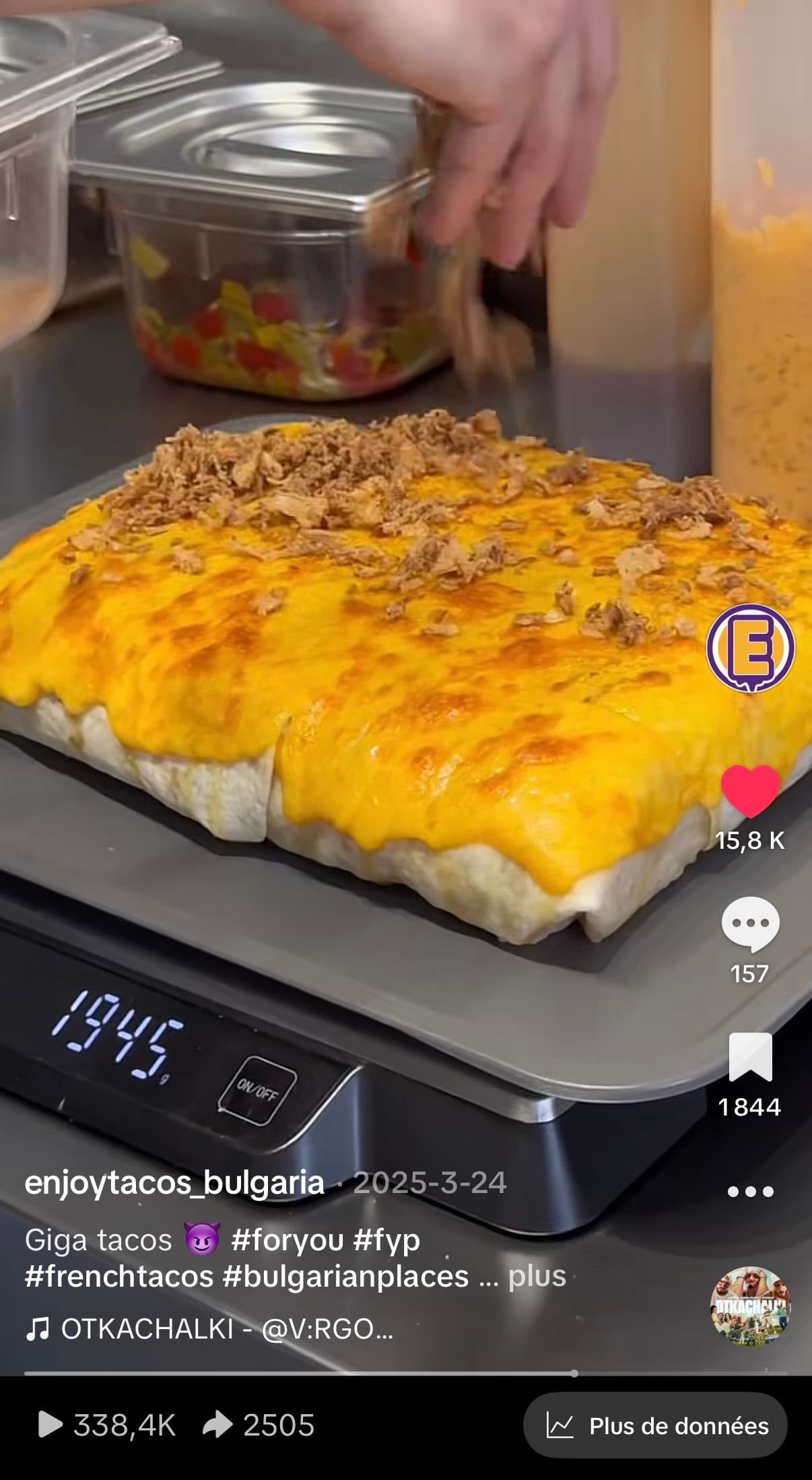 Statistiques TikTok d’une vidéo Enjoy Tacos : 338 400 vues, 15 800 likes, 1 844 enregistrements et 2 505 envois